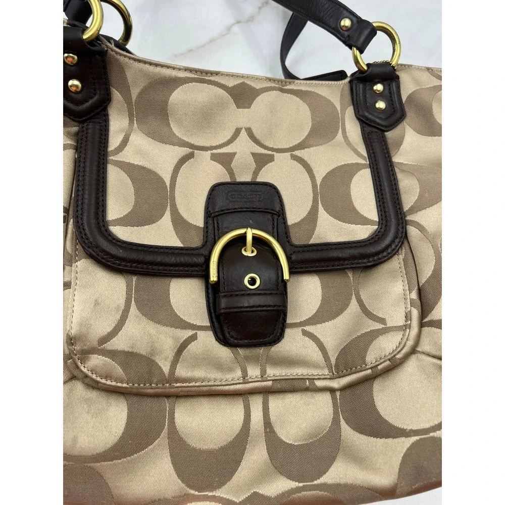 Coach Campbell Signature Belle Carryall Tote Tan Brown Leather Trim Tote